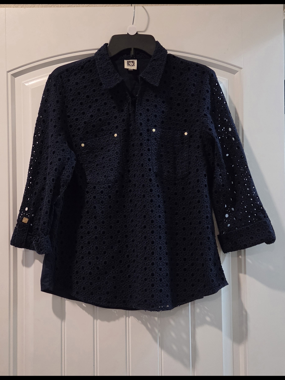 Anne Klein Navy Eyelet Button-Front Blouse